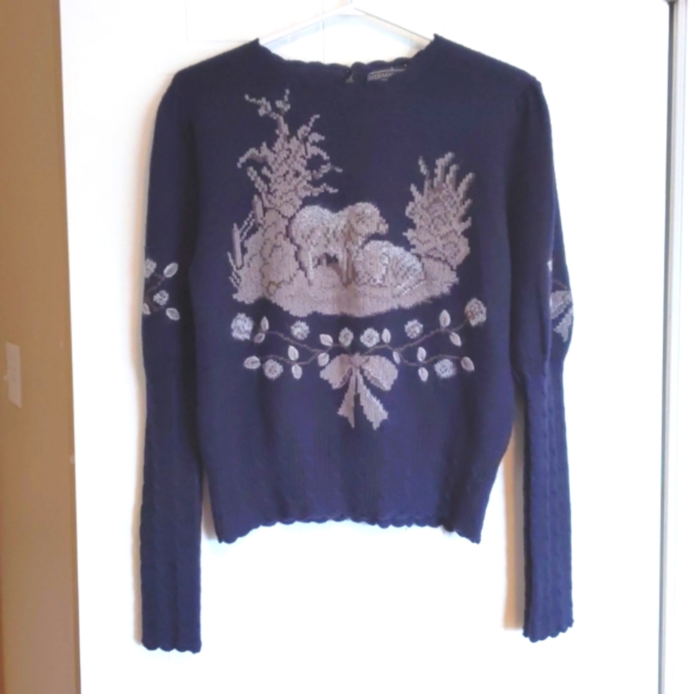 Herman Geist Vintage Embroidered Sheep Sweater Navy Size Medium